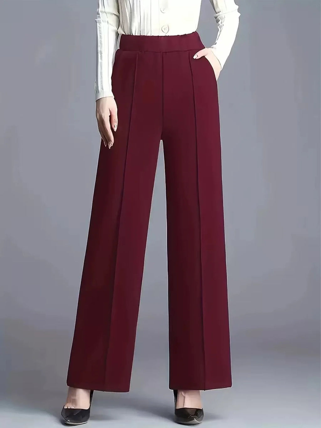 Women's High Waist Wide Leg Casual Pants with Elastic Waist and Relaxed Fit