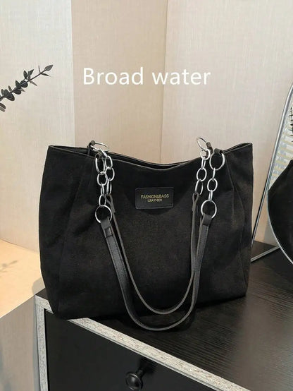 Dual Handle Canvas Tote Shoulder Bag with Chain Accent Detail