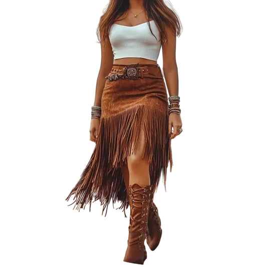 Fringe Trim Faux Suede Mini Skirt with Western-Inspired Streetwear Style