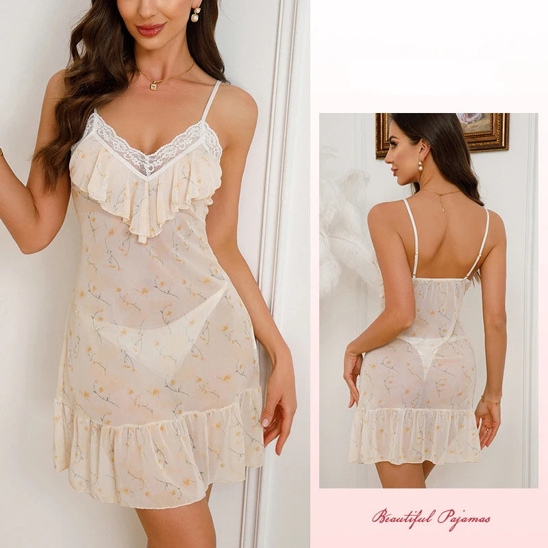 Cheerful Light Yellow Floral Chemise with Ruffled Bodice and Lace Trim