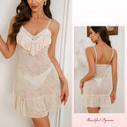 Cheerful Light Yellow Floral Chemise with Ruffled Bodice and Lace Trim