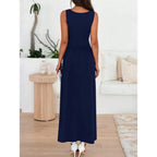 Sleeveless High Waist Maxi Dress with Ruched Panels and Functional Pockets