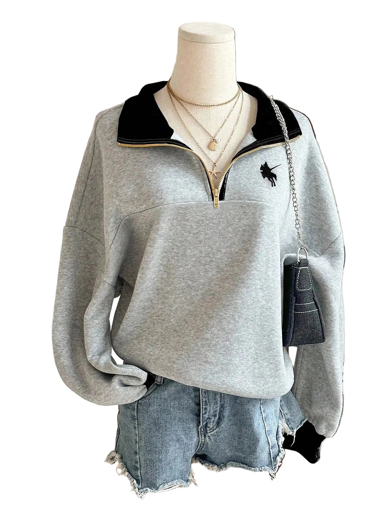 Women's Oversized Half Zip Collar Sweatshirt with Drop Shoulders for Casual Everyday Fashion