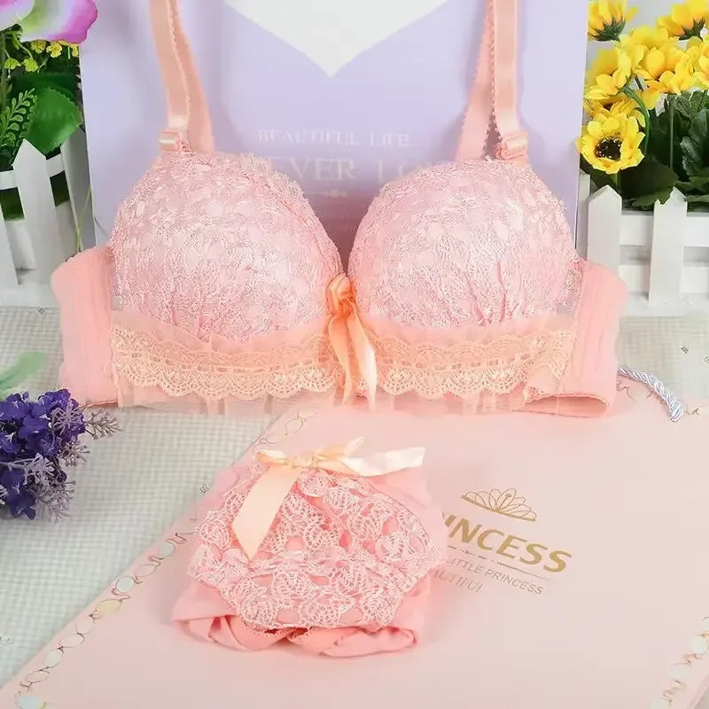 Pastel Floral Lace Contoured Push-Up Bra and Ruffled Cheeky Panty Set with Satin Bow Accents