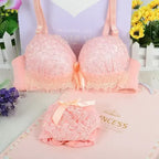 Pastel Floral Lace Contoured Push-Up Bra and Ruffled Cheeky Panty Set with Satin Bow Accents