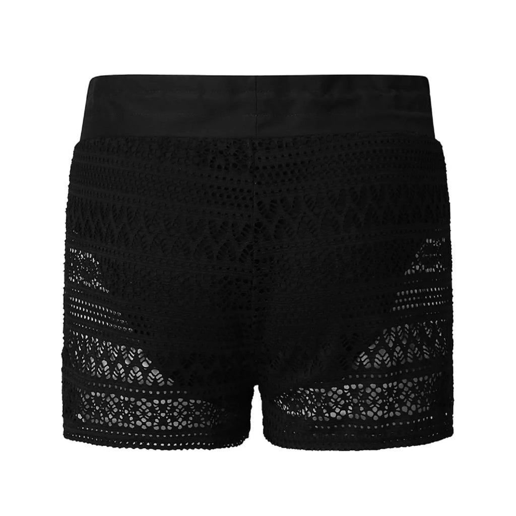 Crochet Lace Swim Shorts with Drawstring Waistband and Scalloped Side Slit