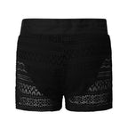 Crochet Lace Swim Shorts with Drawstring Waistband and Scalloped Side Slit