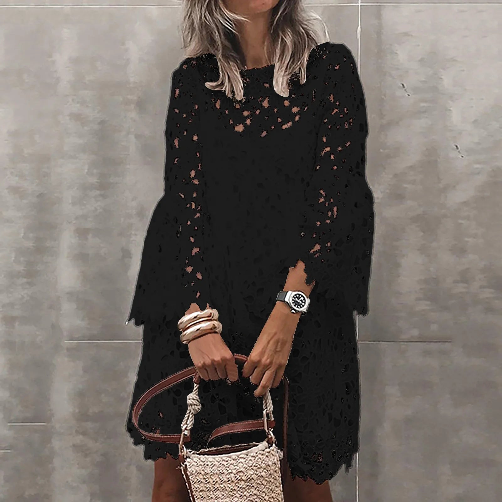 Bohemian Lace Overlay Mini Dress Set With Long Sleeves And Layered Design