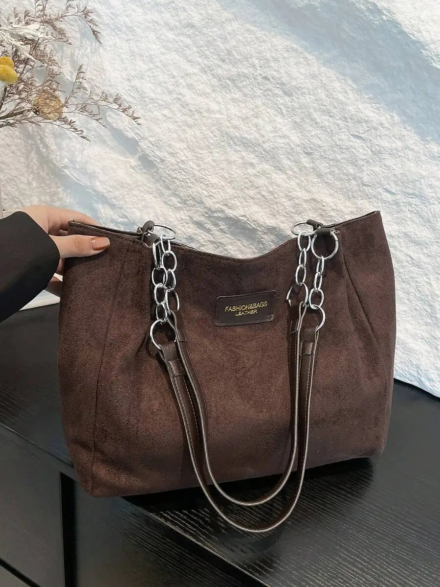 Dual Handle Canvas Tote Shoulder Bag with Chain Accent Detail