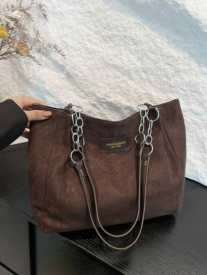 Dual Handle Canvas Tote Shoulder Bag with Chain Accent Detail