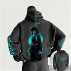 Dark Anime Cyber Streetwear Hoodie with Manga-Inspired Neon Character Artwork