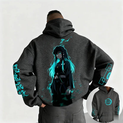 Dark Anime Cyber Streetwear Hoodie with Manga-Inspired Neon Character Artwork
