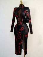 Dragon Embroidered Mesh Cutout Gothic Alternative Crop Top