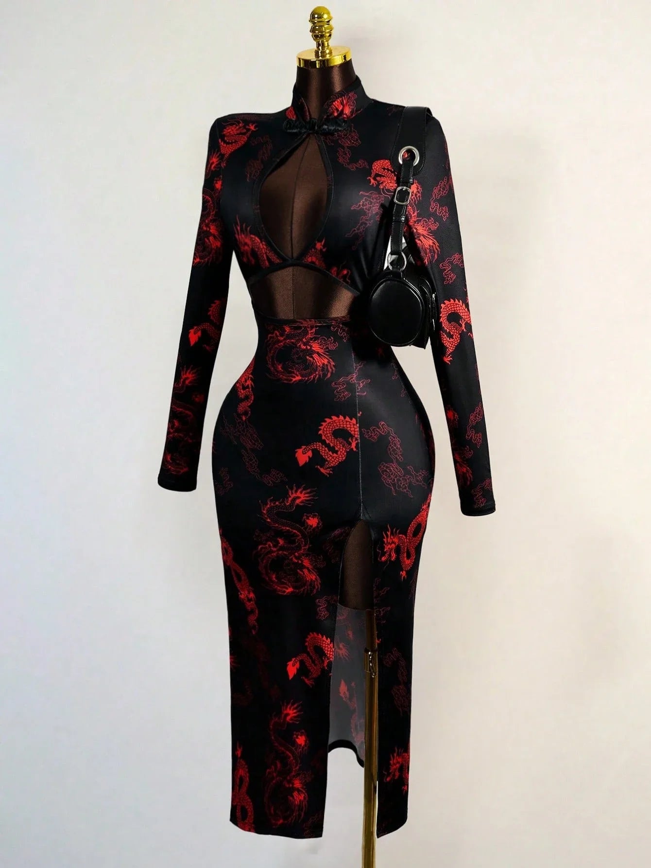 Dragon Embroidered Mesh Cutout Gothic Alternative Crop Top