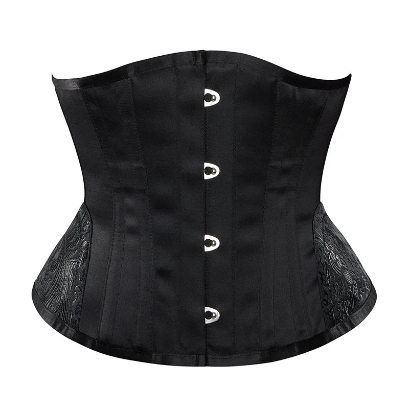 Classic Black Underbust Corset with Metal Busk and Floral Jacquard Panels