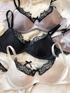 Vibrant Magenta Satin-Finish Wire-Free Bra and Panty Set with Black Lace Trim