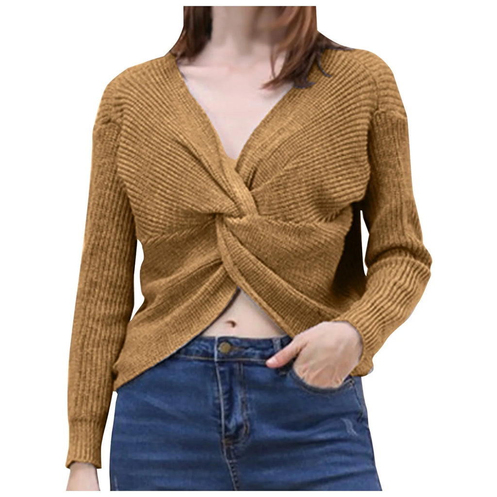 Women's Twisted Front Ribbed Knit Sweater with Cropped Contemporary Silhouette