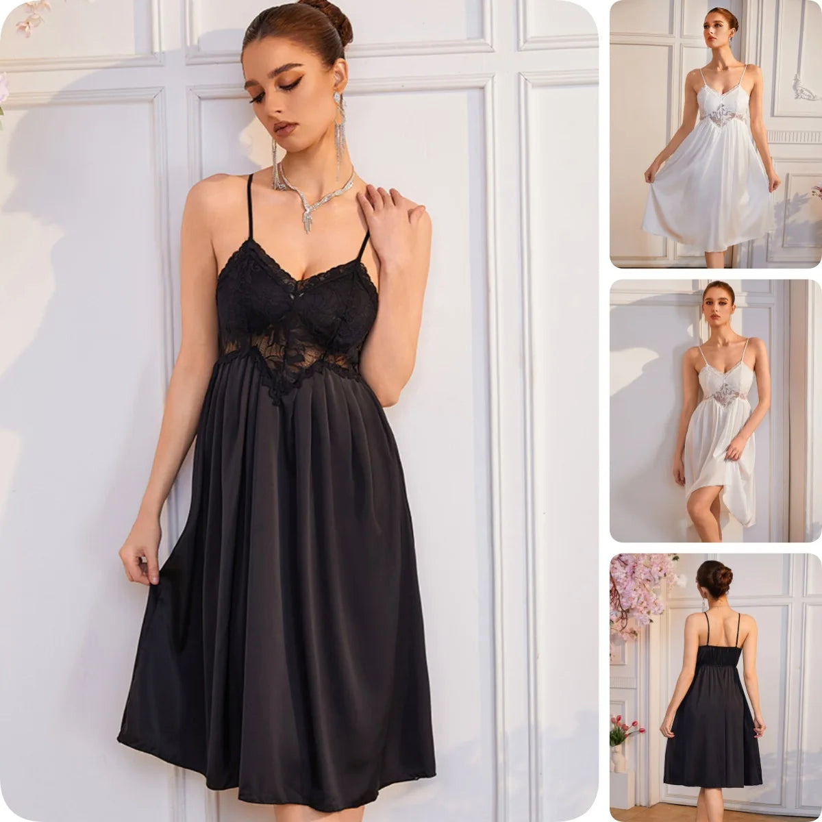 Sleek Black Satin-Finish Chemise Nightdress with Sheer Lace Bodice Patchwork