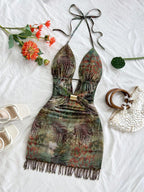 Tropical Print Halter Mini Dress with Tassel Detail Bohemian Vacation Style
