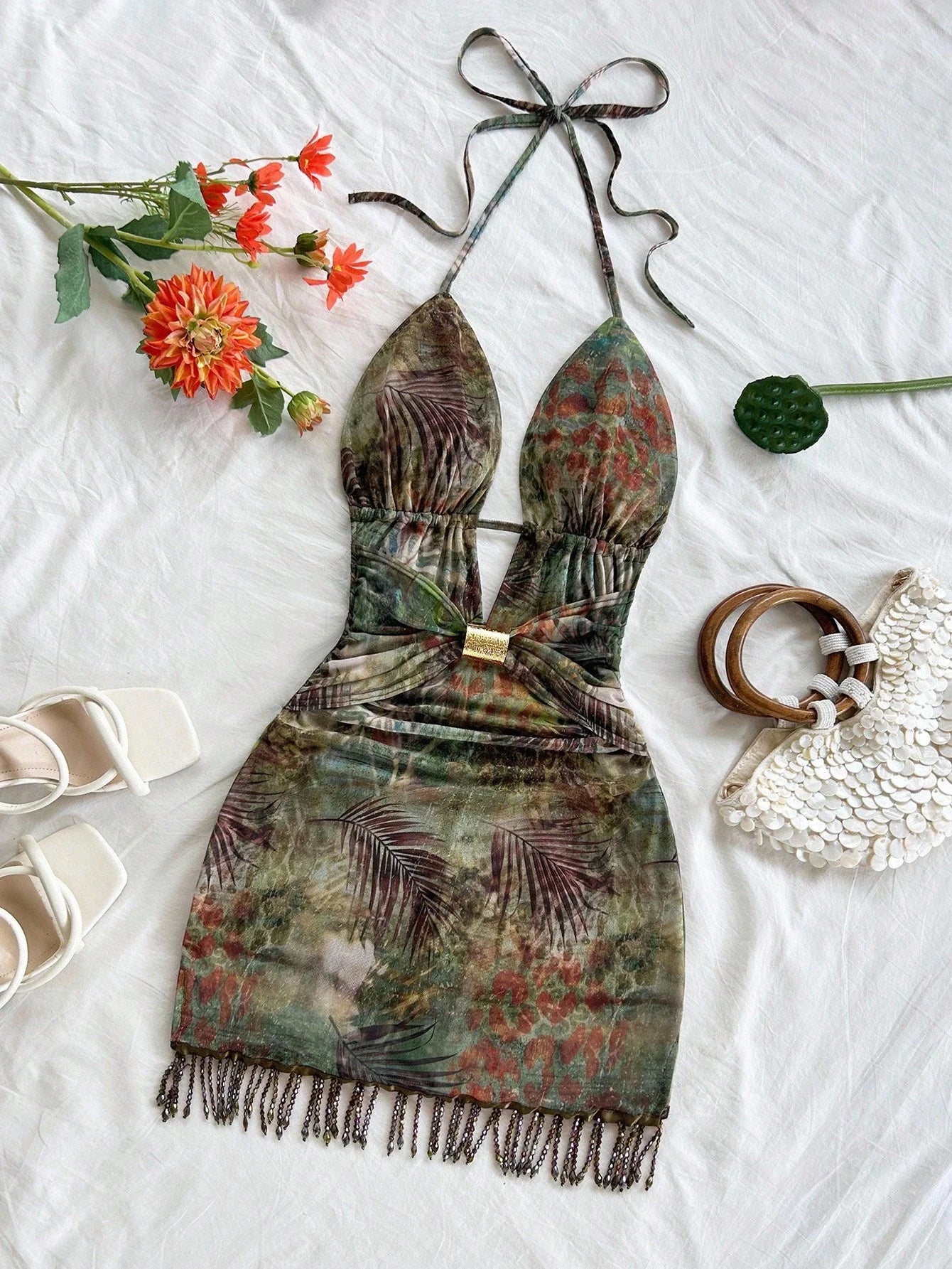Tropical Print Halter Mini Dress with Tassel Detail Bohemian Vacation Style