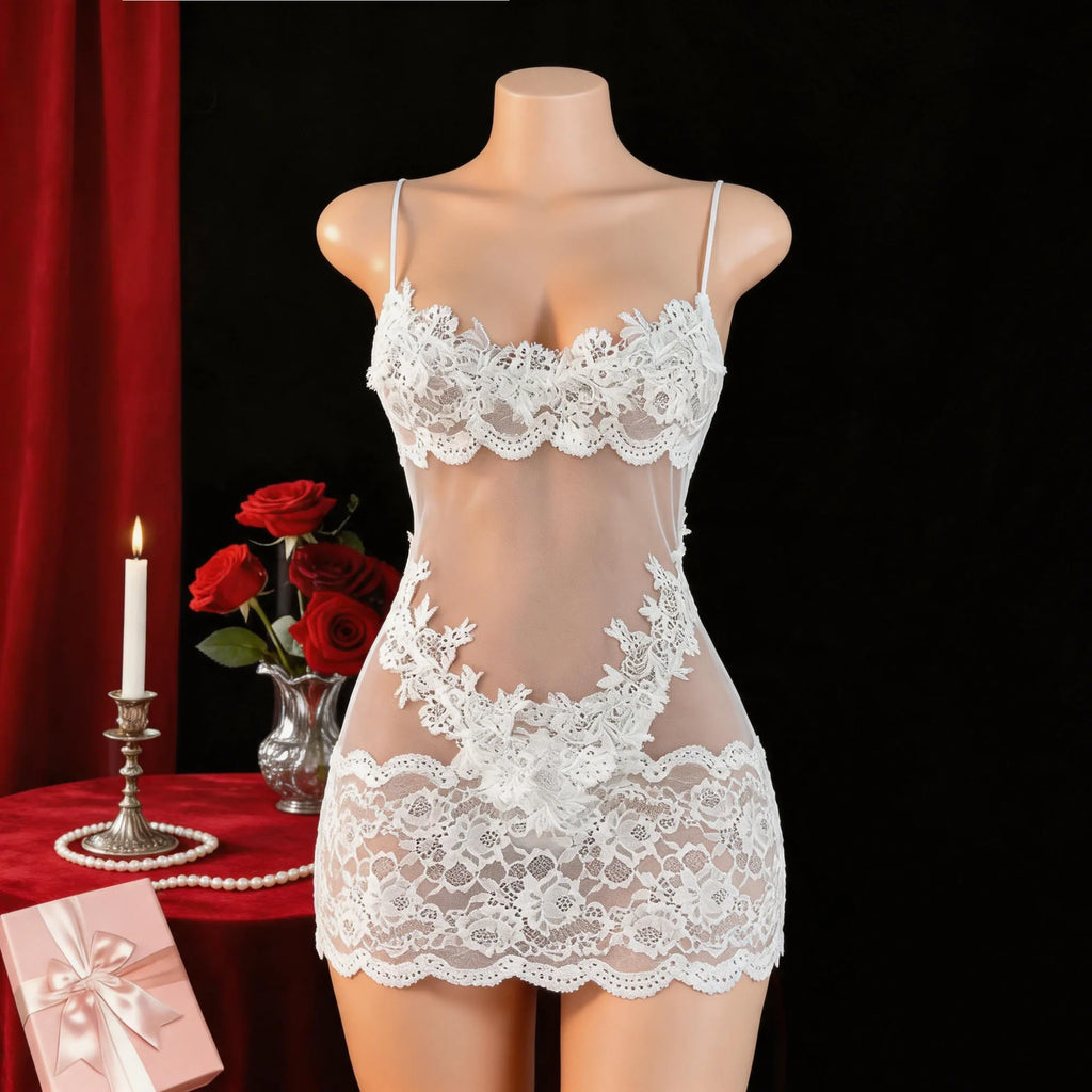 Deep Plum Sheer Mesh Chemise with Intricate Floral Lace Appliqué