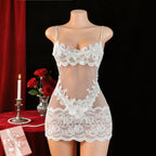 Deep Plum Sheer Mesh Chemise with Intricate Floral Lace Appliqué