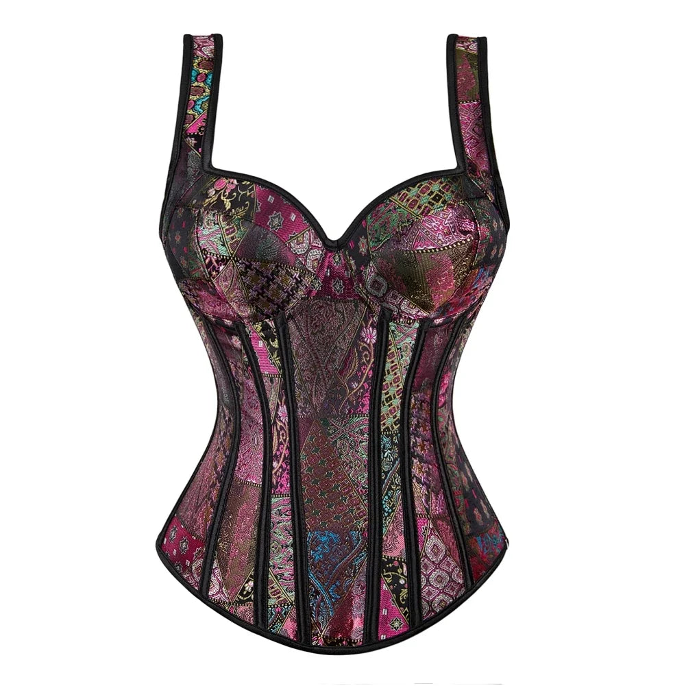 Vintage Floral Tapestry Overbust Corset with Wide Straps and Structured Seaming