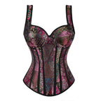 Vintage Floral Tapestry Overbust Corset with Wide Straps and Structured Seaming