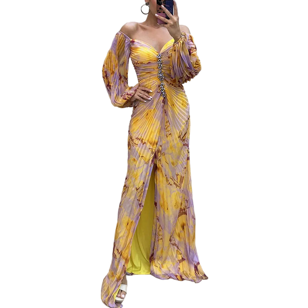 Printed Pleated Maxi Dress with Long Sleeves and Side Slit