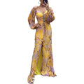Printed Pleated Maxi Dress with Long Sleeves and Side Slit