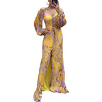 Printed Pleated Maxi Dress with Long Sleeves and Side Slit