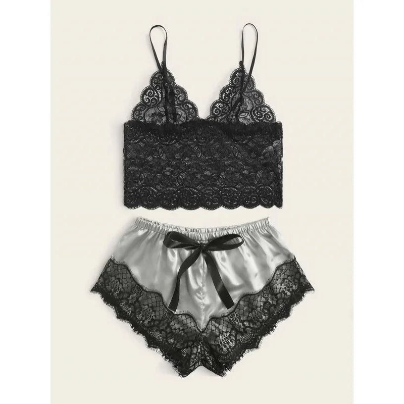 Romantic Sheer Black Lace Bralette and Blush Satin-Finish Shorts Sleep Set