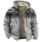 Men's Hooded Sherpa Lined Geometric Pattern Zip Jacket for Relaxed Outdoor Streetwear Style