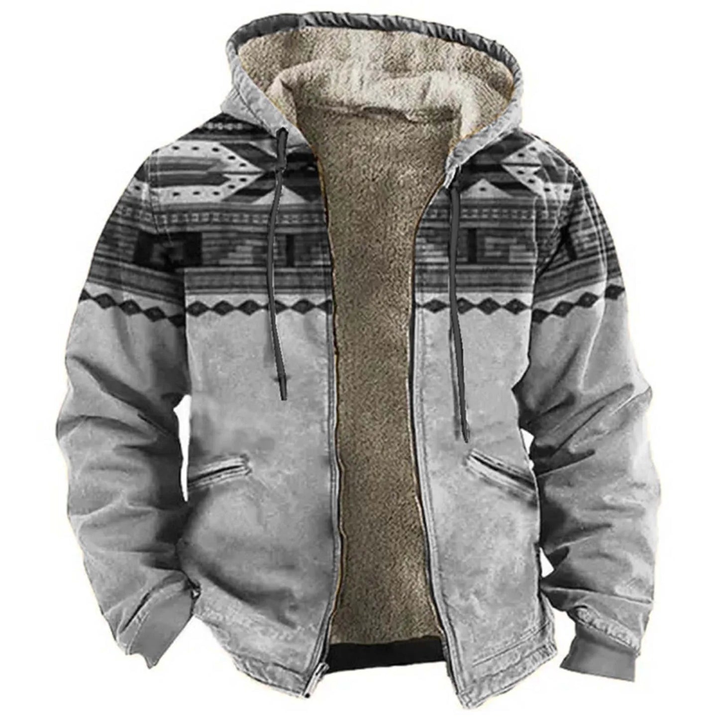 Men's Hooded Sherpa Lined Geometric Pattern Zip Jacket for Relaxed Outdoor Streetwear Style