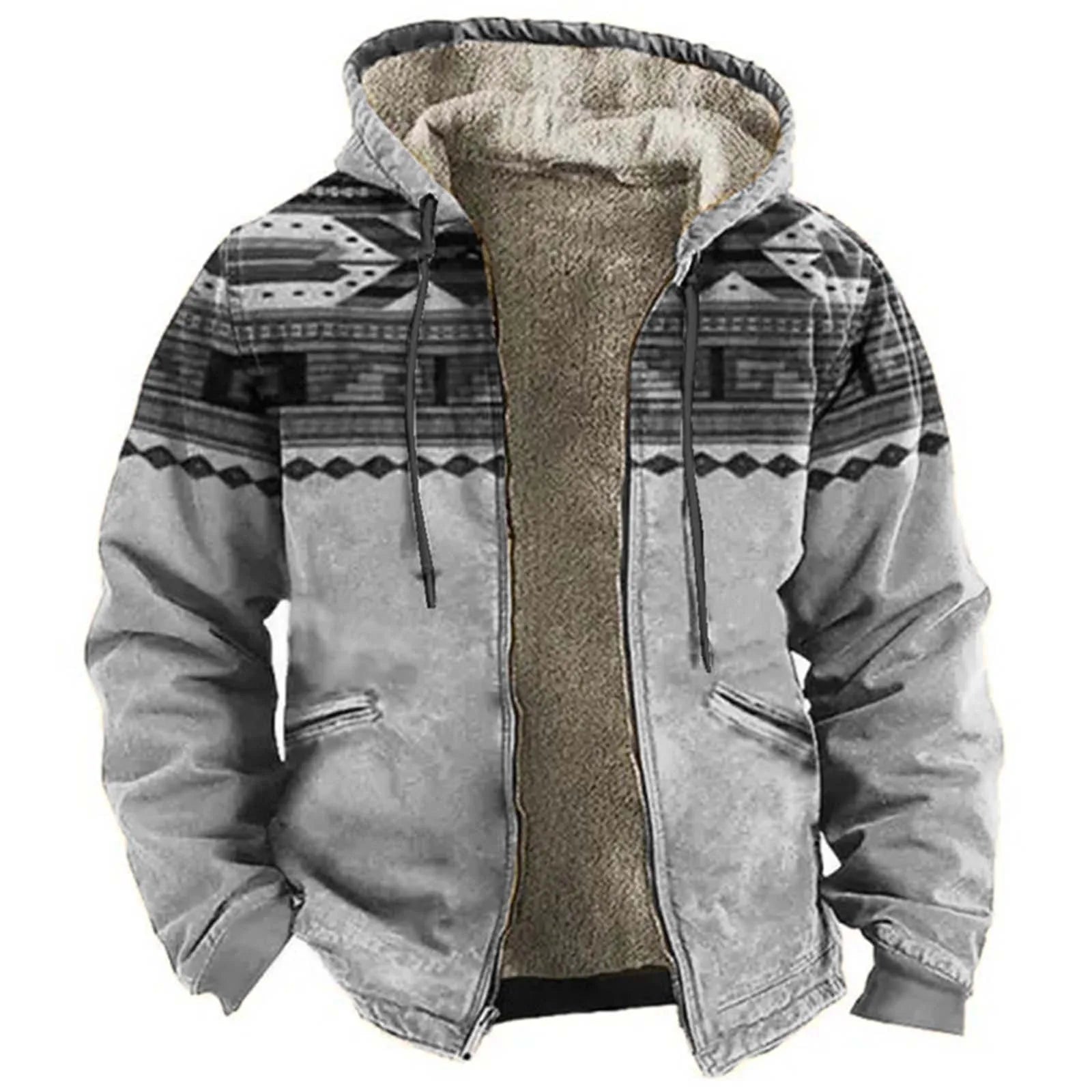 Men's Hooded Sherpa Lined Geometric Pattern Zip Jacket for Relaxed Outdoor Streetwear Style