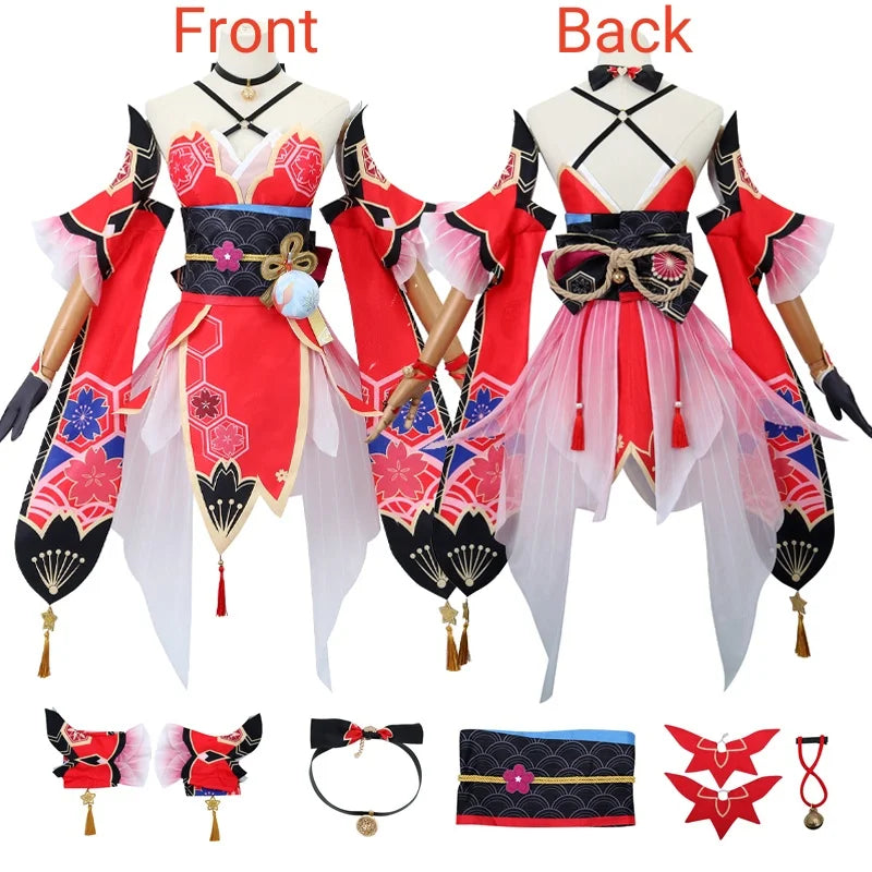 Elaborate Floral Kimono-Style Cosplay Costume with Fox Mask and Flowing Sleeves