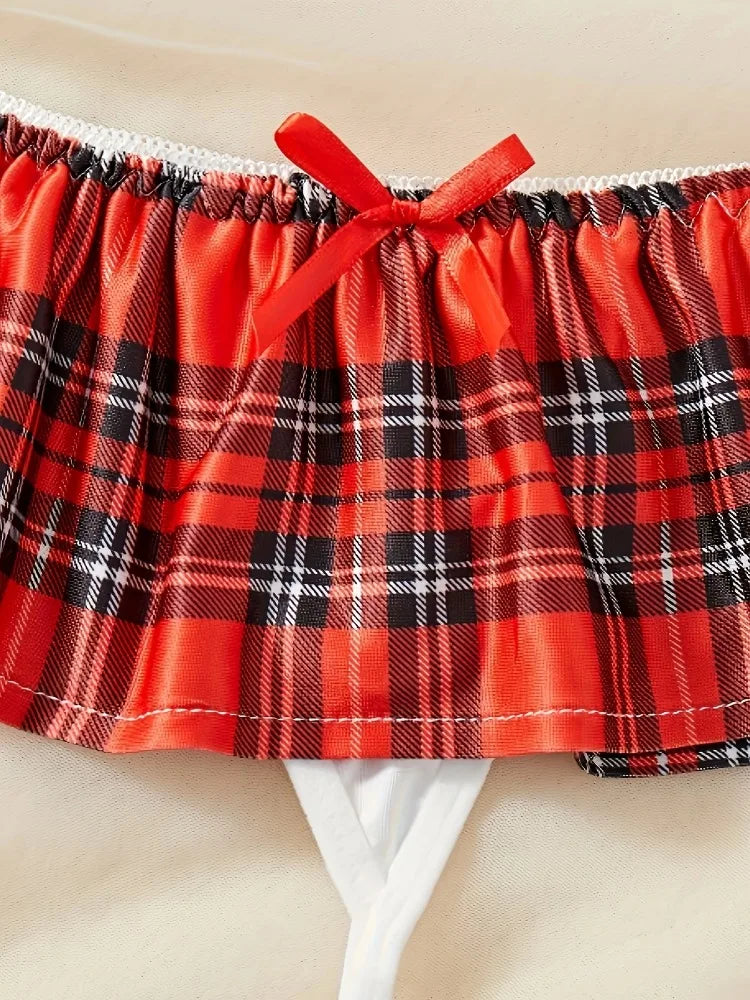 Playful Red Tartan Plaid Bralette and Pleated Mini Skirt Set