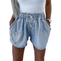 Women's High Waist Denim Style Shorts with Drawstring Waist and Decorative Stud Pocket Details