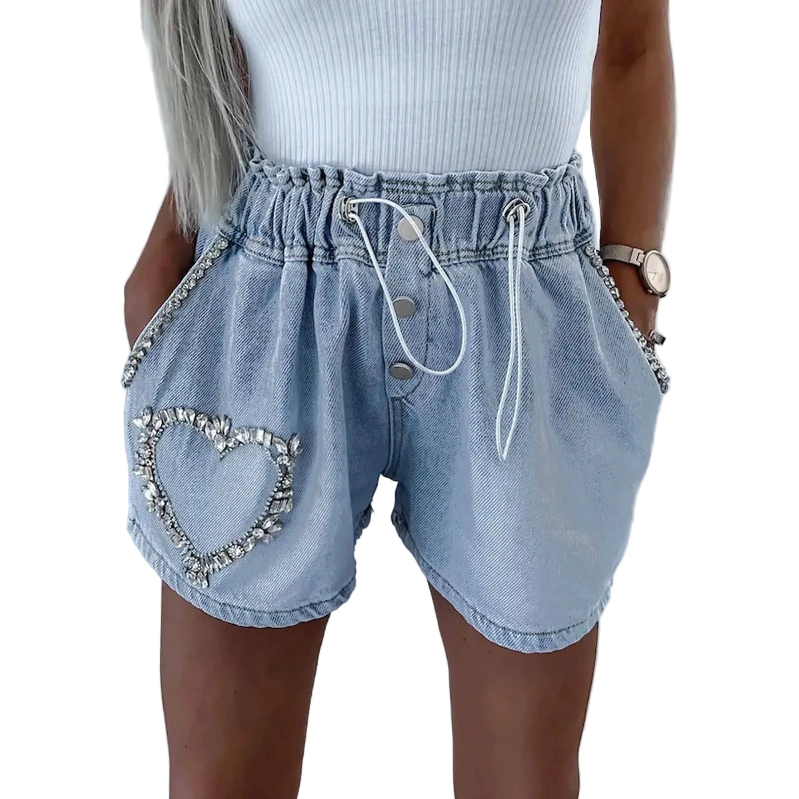 Women's High Waist Denim Style Shorts with Drawstring Waist and Decorative Stud Pocket Details