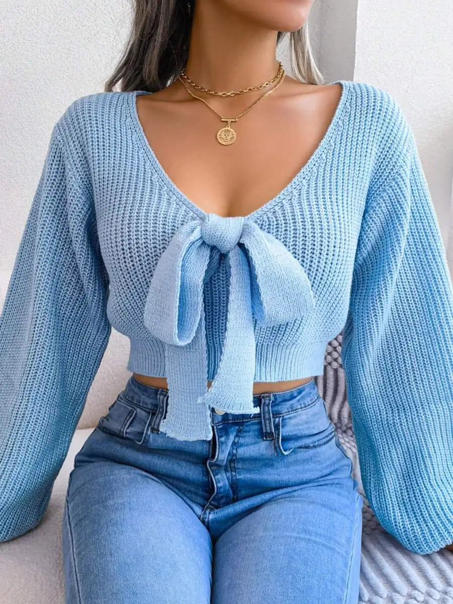 Women's V-Neck Bow Tie Front Cropped Knit Sweater With Relaxed Sleeves