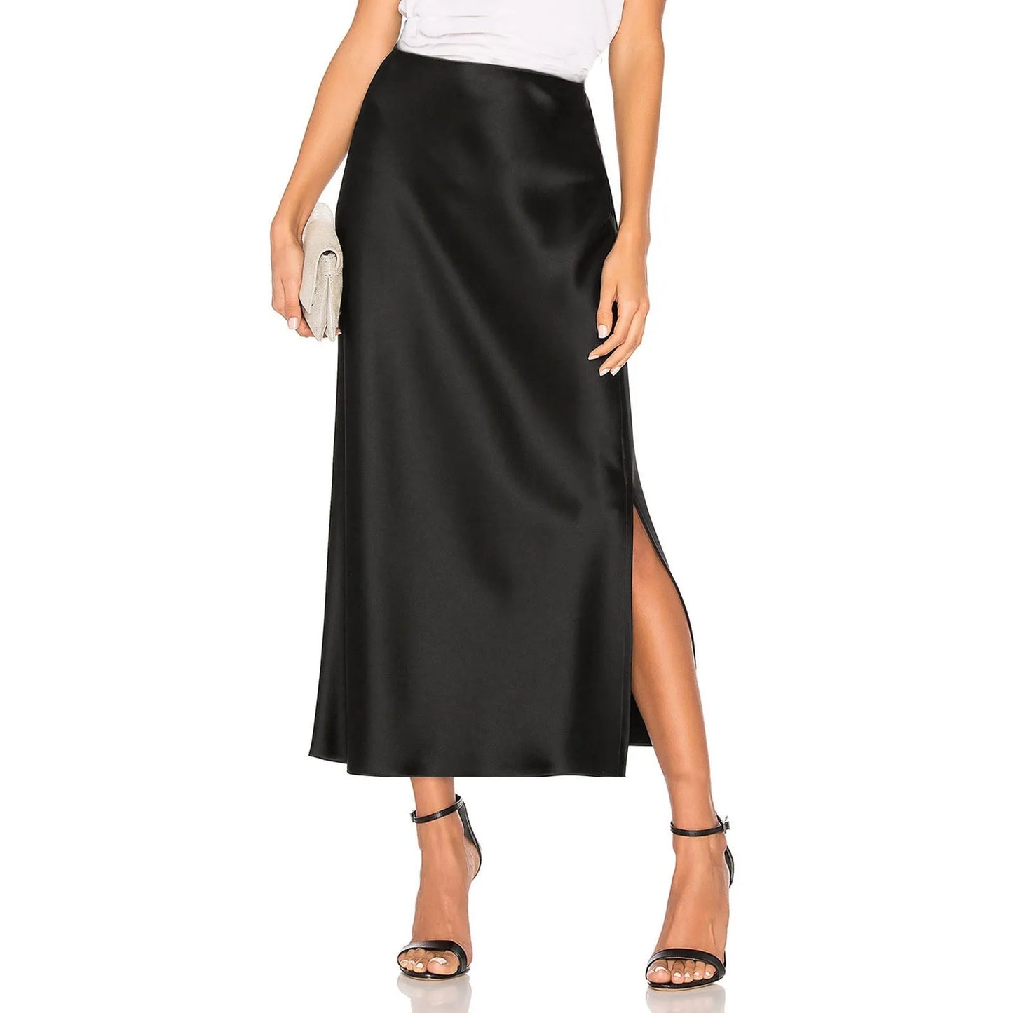 Elegant High Waist Satin Maxi Skirt with Side Slit Pencil Silhouette