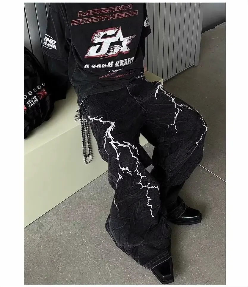 Men's Wide Leg Denim Jeans with Decorative Embroidery and Relaxed Streetwear Silhouette