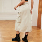 High Waist Cargo Midi Skirt with Utility Pockets Front Slit Streetwear Fashion