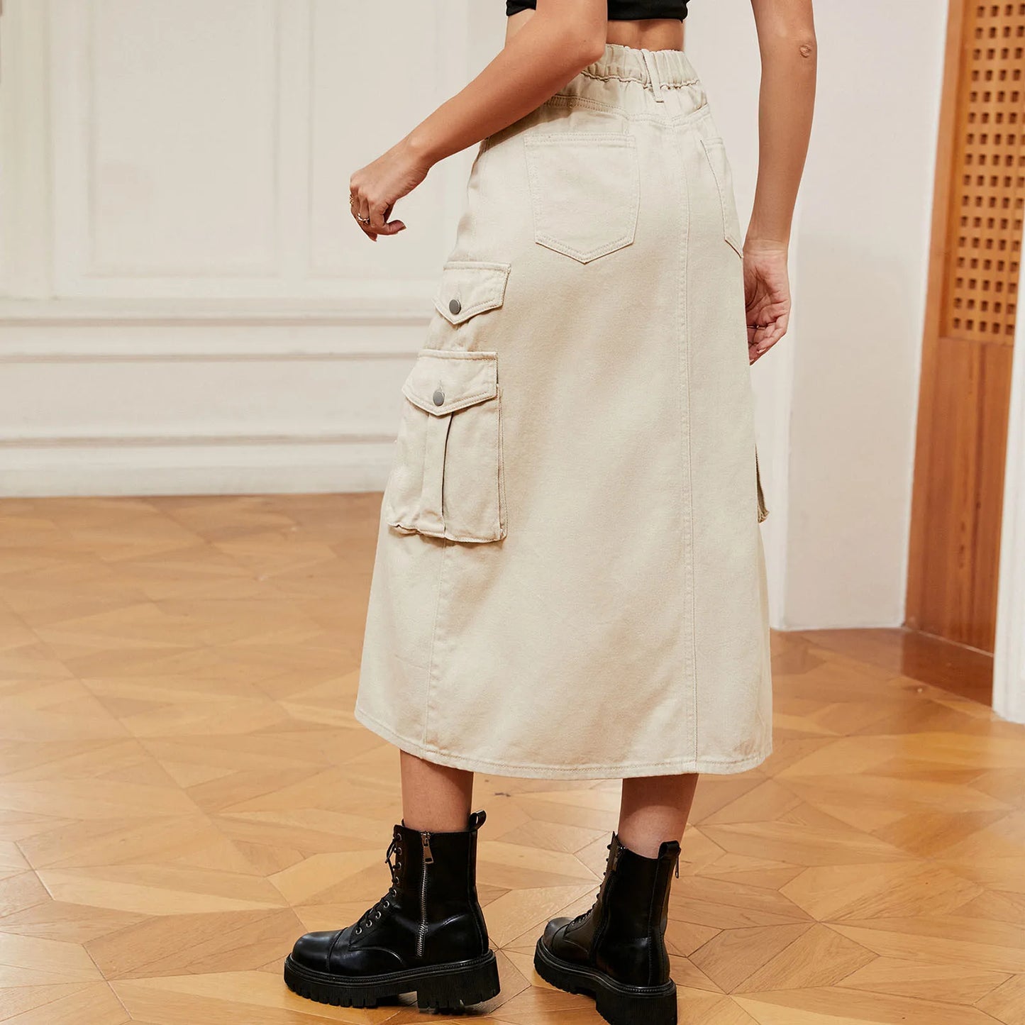 High Waist Cargo Midi Skirt with Utility Pockets Front Slit Streetwear Fashion