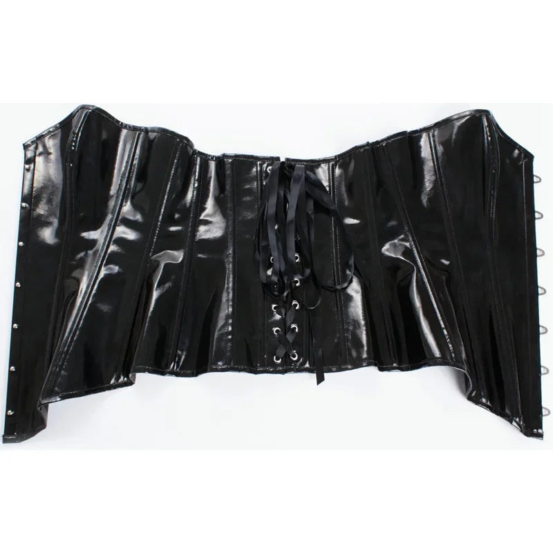 Glossy PVC Overbust Corset with Front Zip Closure and Lace-Up Back