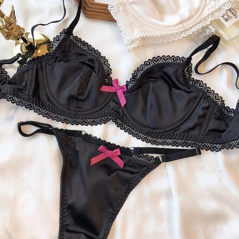 Sleek Black Satin-Finish Underwire Bra Set with Pink Ribbon Accents
