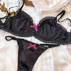 Sleek Black Satin-Finish Underwire Bra Set with Pink Ribbon Accents