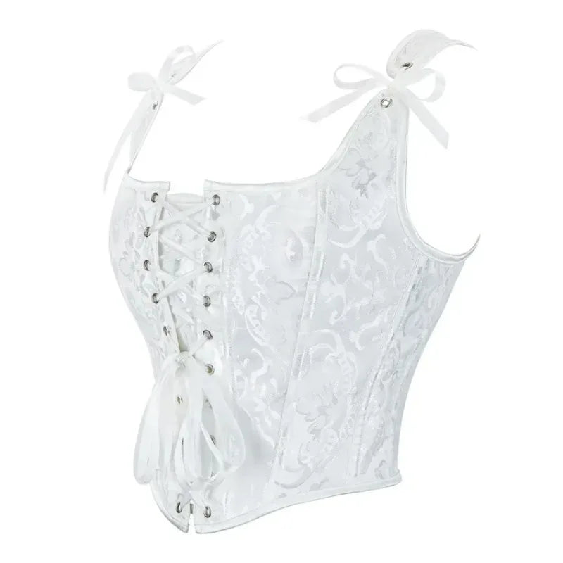 Printed Lace-Up Corset Top with Structured Boning and Adjustable Shoulder Ties