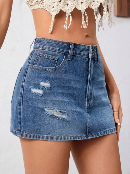 Distressed Low Rise Denim Mini Skirt with Ripped Streetwear Details