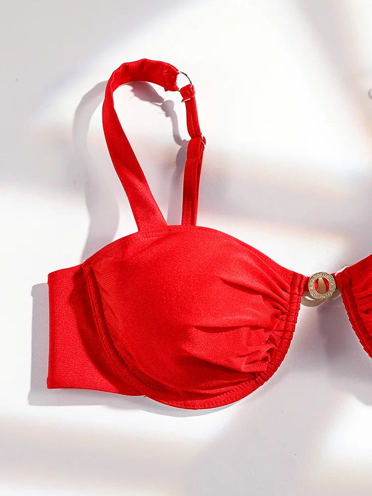 Vibrant Red Ruched Underwire Bikini Set with Metallic Ring Hardware